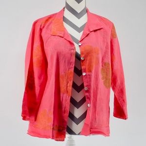 Erin London Linen Coral Button Front size 8 Floral Top 3/4 Sleeve Ruffle Sleeve